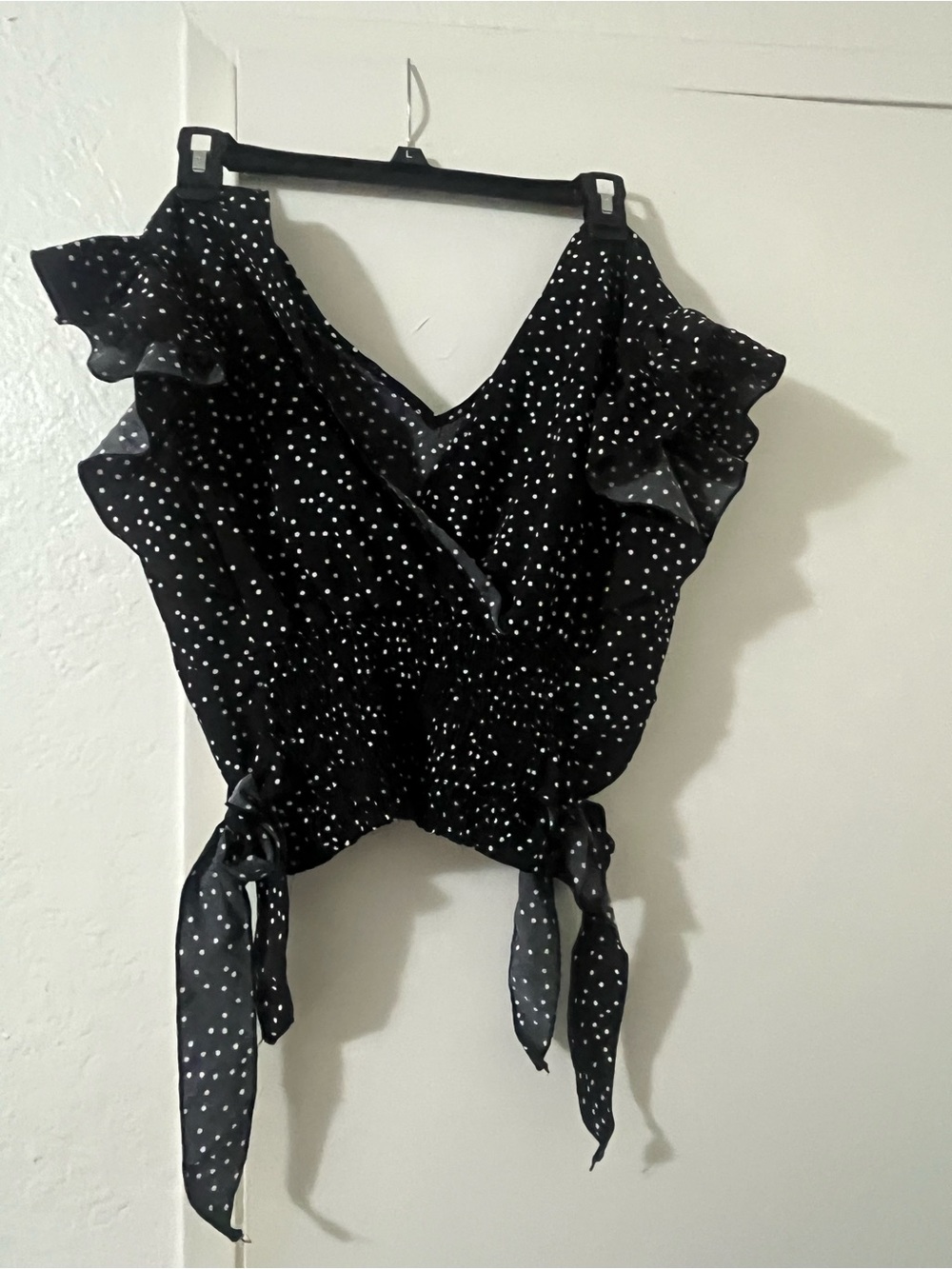 Black Polka Dot Ruffle Tie-Waist Women's Top